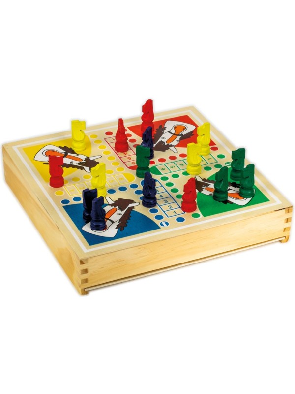 Coffret de 5 jeux en bois (dames, échecs, petits chevaux, mikado, dés)