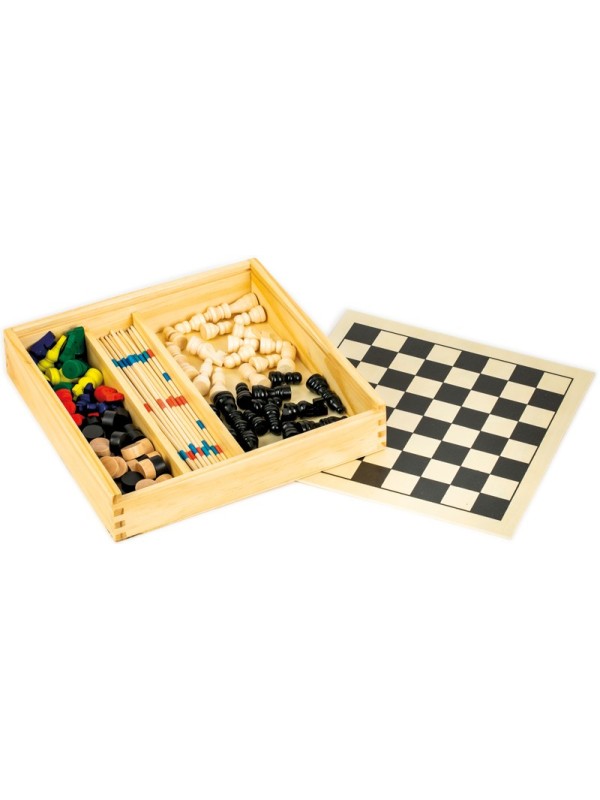 Coffret de 5 jeux en bois (dames, échecs, petits chevaux, mikado, dés)