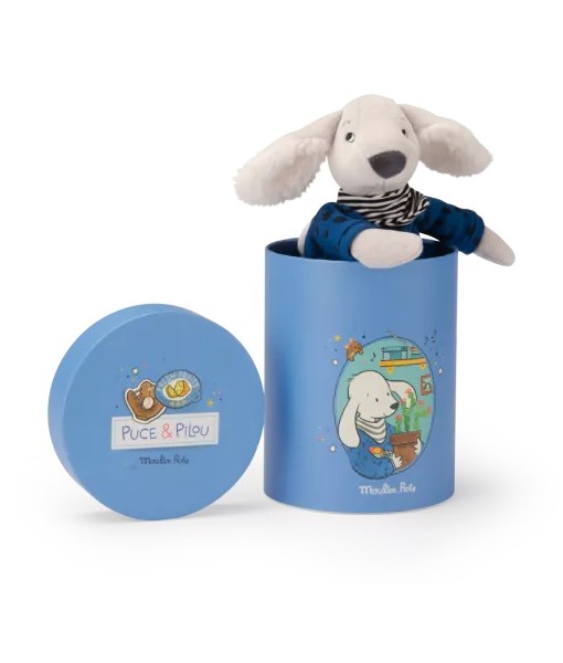 Peluche chien Pilou en boîte Puce & Pilou