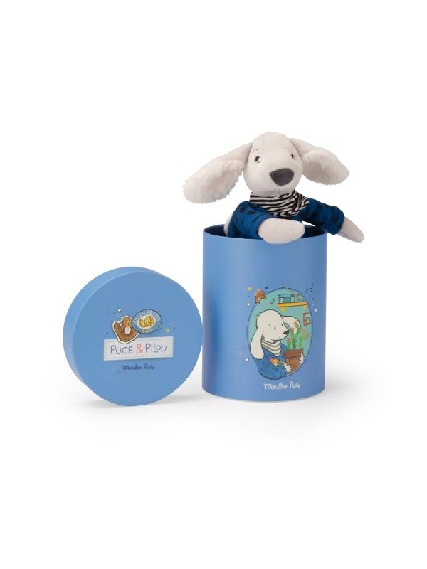 Peluche chien Pilou en boîte Puce & Pilou