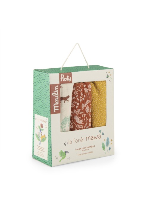 Set de 3 langes imprimés (félins/confettis/feuillages) La forêt Mawa