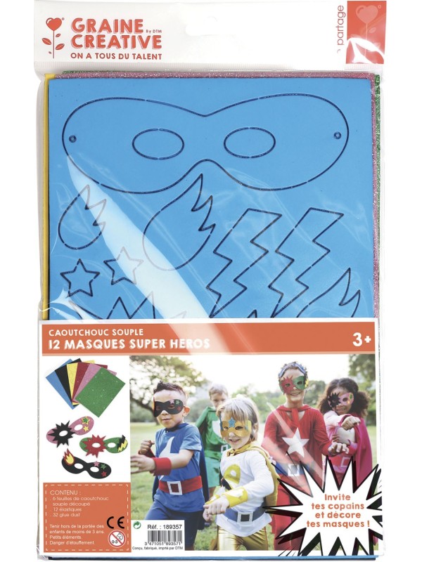 Masques super héros caoutchouc souple (sachet de 12)